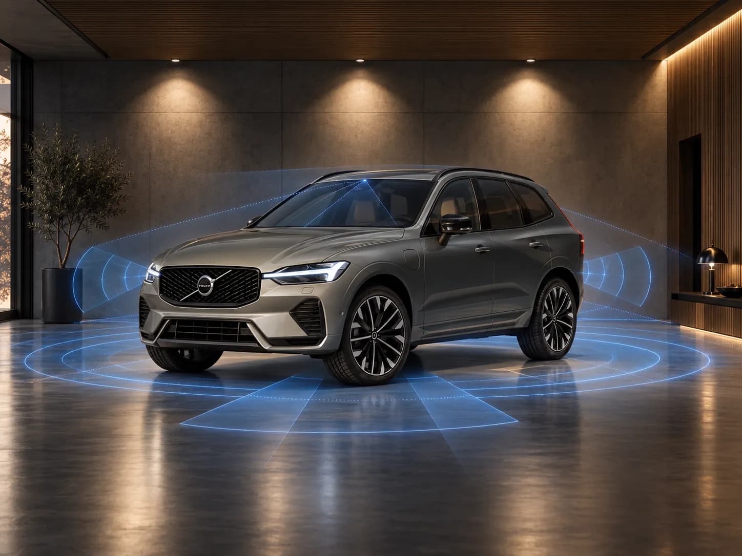 Volvo XC60 em uma garagem com a representação dos sensores ao redor do veículo